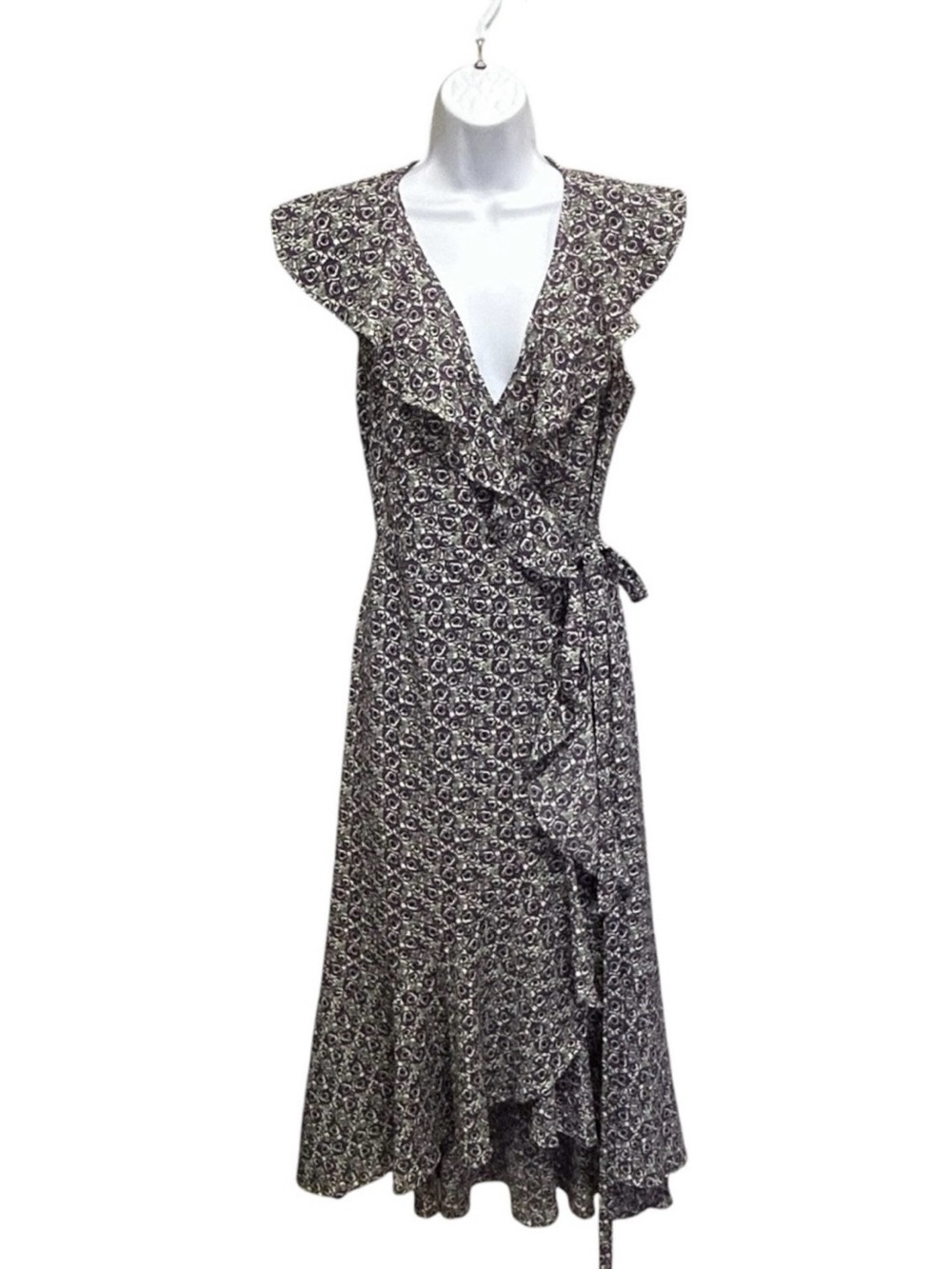Max Studio Floral Ruffle Wrap Purple Green Midi Dress Size S